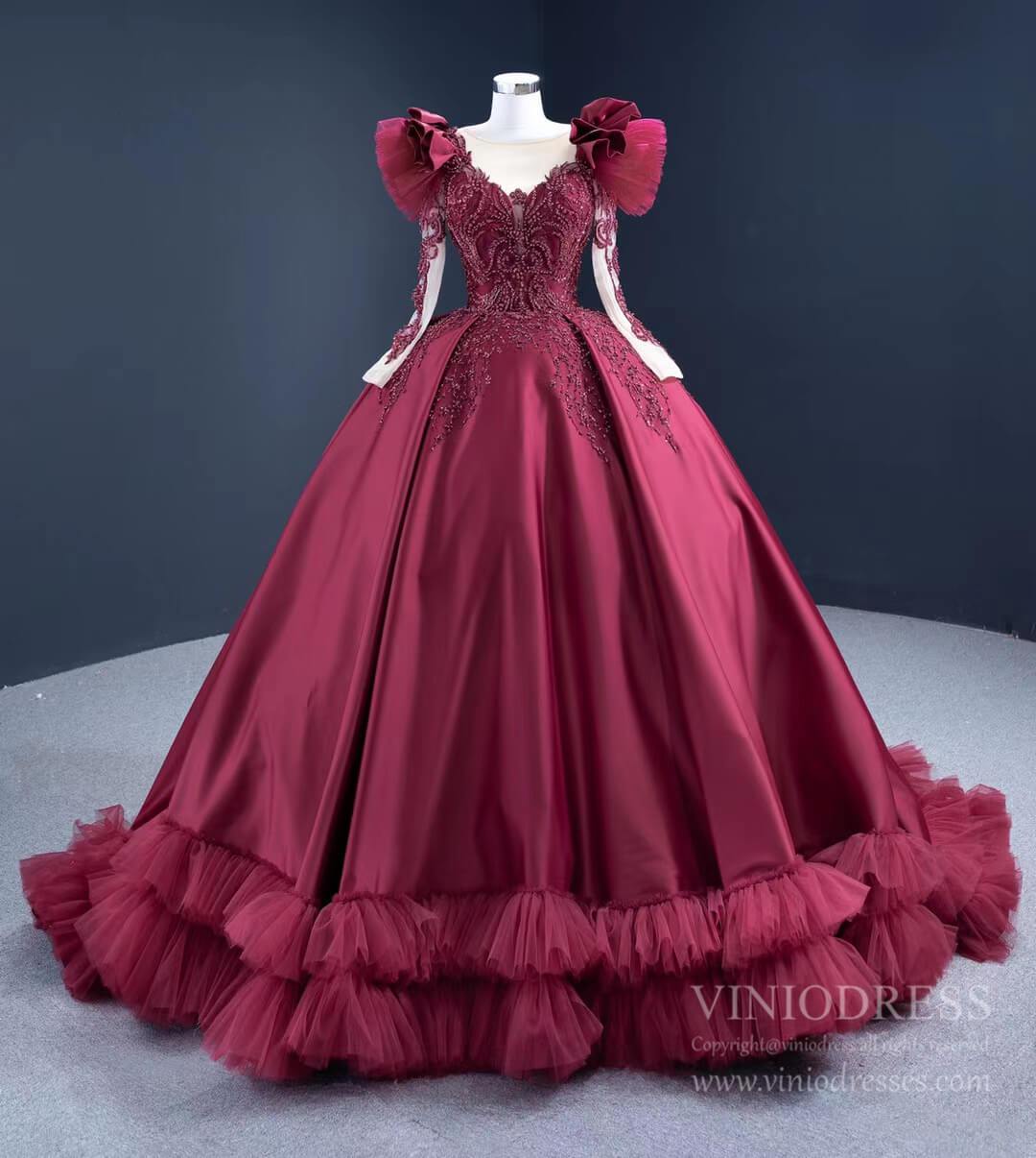 Prom Dress 2025 Burgundy Satin Princess Ball Gown Prom Dresses Ruffled Hem 67245 viniodress-unique prom dresses-As Picture-Custom Size-Viniodress