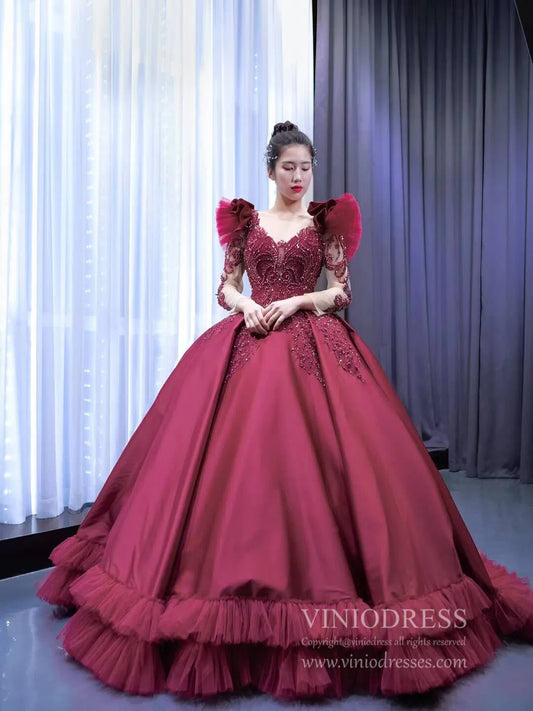 prom dresses 2025 Burgundy Satin Princess Ball Gown Prom Dresses Ruffled Hem 67245 viniodress-plus size wedding dresses Viniodress-As Picture-Custom Size-