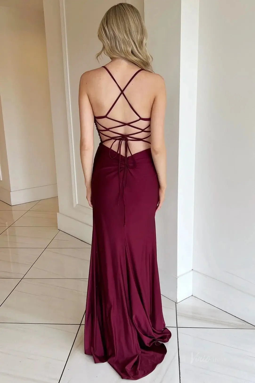 Burgundy Satin Prom Dress 2025 with Spaghetti Strap & Slit – FD5020-prom dresses 2025 -Viniodress-Burgundy-Custom Size-