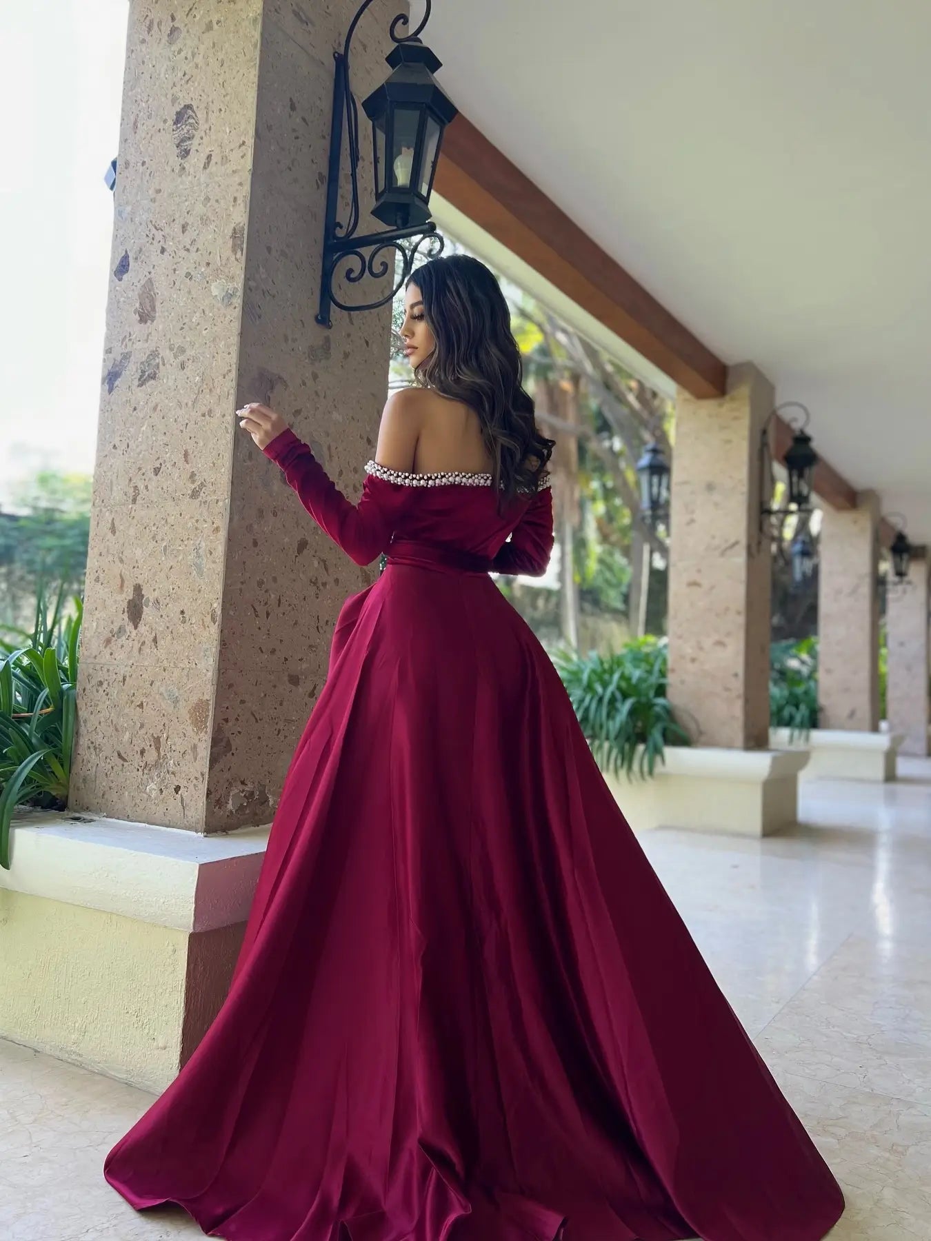 prom dresses 2025-to impress Burgundy Satin Prom Dress with Pearl Neckline, Slit & Long Sleeve – Style FD6054-plus size wedding dresses Viniodress-Burgundy-Custom Size-