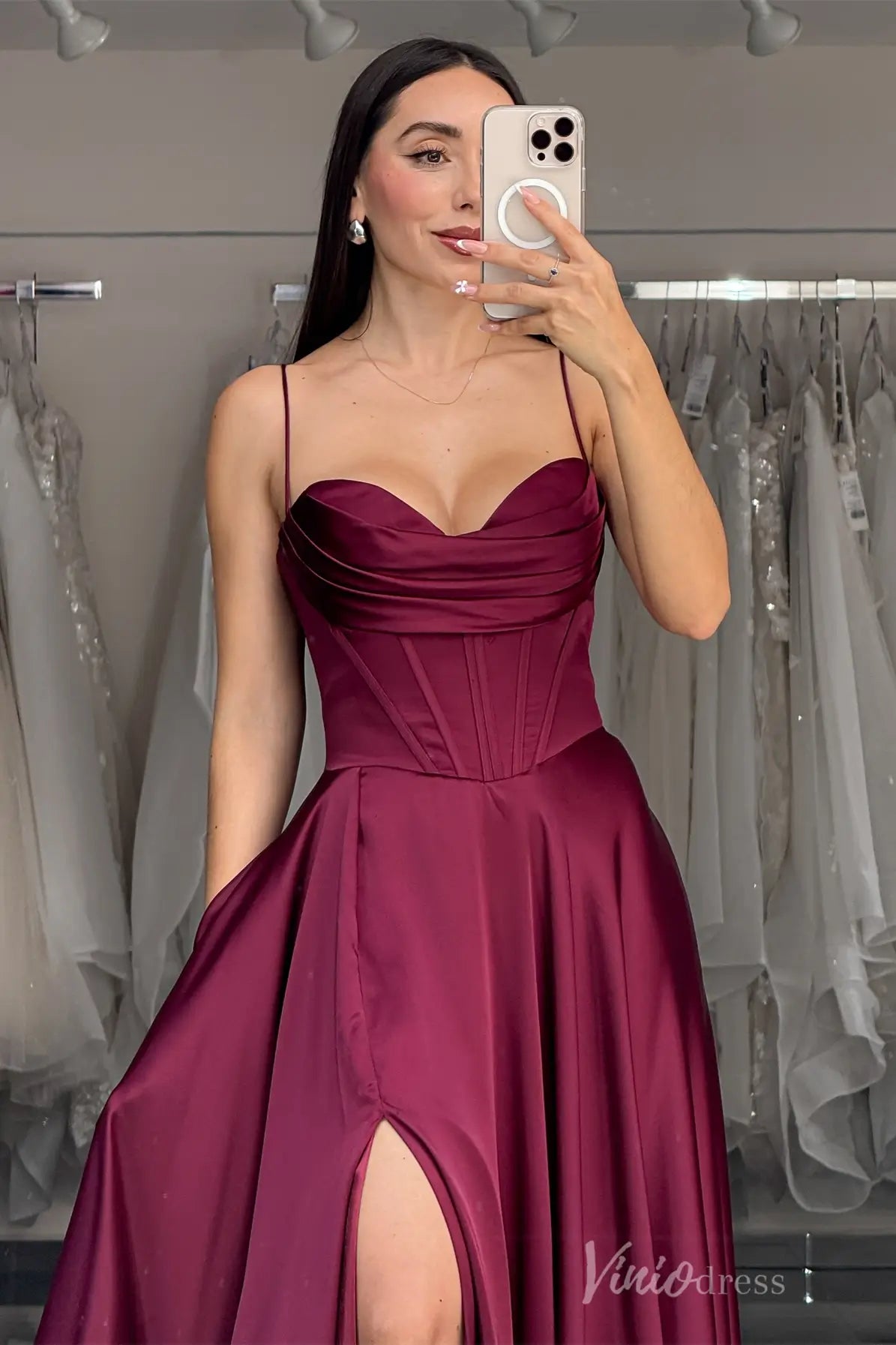 Burgundy Satin Prom Dress with Corset Bodice, High Slit & Sweetheart Neckline AS017 Viniodress Burgundy Satin Prom Dress with Corset Bodice, High Slit & Sweetheart Neckline AS017 Viniodress