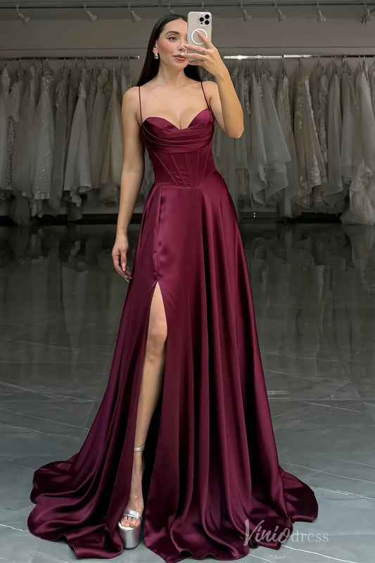 Burgundy Satin Prom Dress with Sweetheart Neckline, Corset Bodice, High Slit, and Spaghetti Straps – AS017-prom dresses 2025 -Viniodress-Burgundy-Custom Size-