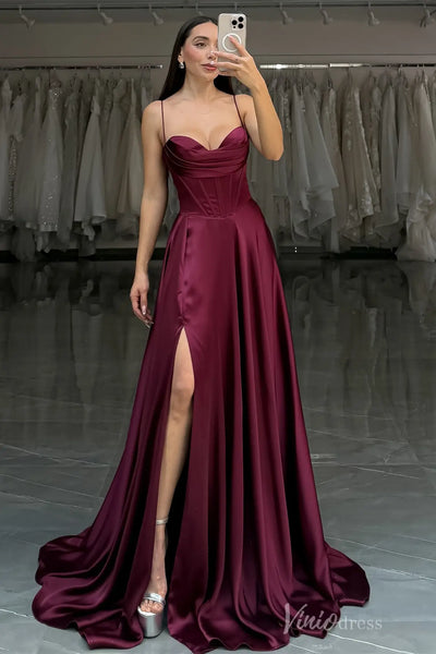 burgundy satin prom dress Burgundy Satin Prom Dress with Corset Bodice, High Slit & Sweetheart  Neckline – AS017 – Viniodress
