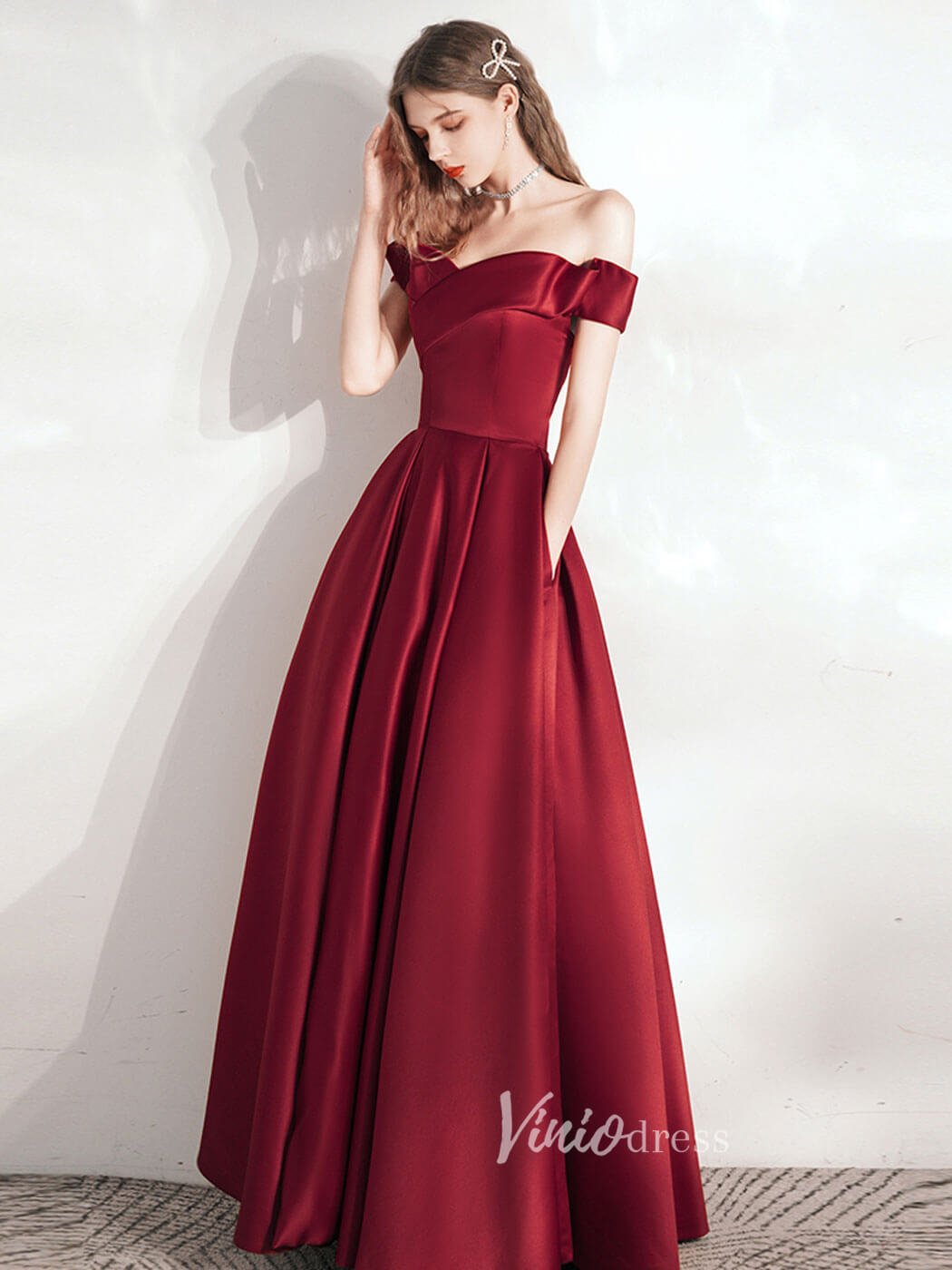 Burgundy Satin Prom Dresses Off the Shoulder Evening Dress FD3191-prom dresses 2025 -Viniodress-Burgundy-Custom Size-