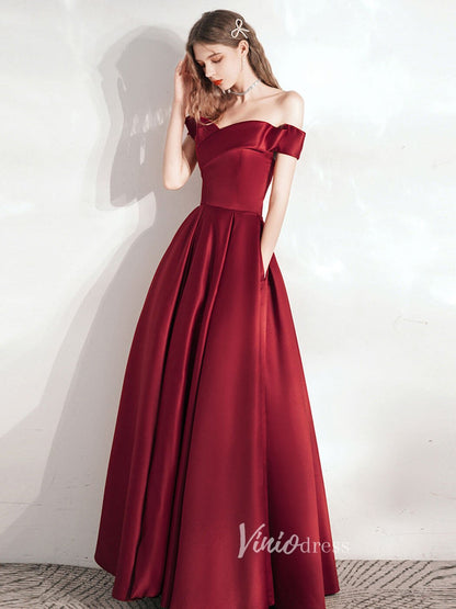 Burgundy Satin Prom Dresses Off the Shoulder Evening Dress FD3191-prom dresses 2025 -Viniodress-Burgundy-Custom Size-