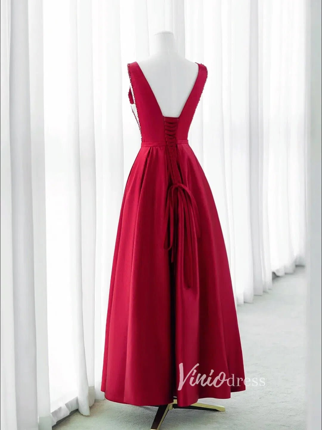 Burgundy Satin Prom Dresses Tea-Length Boat Neck Formal Dress FD3437-prom dresses 2025 -Viniodress-Burgundy-Custom Size-