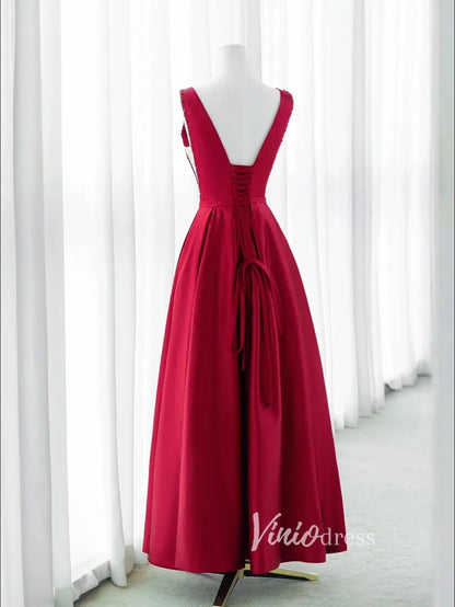 Burgundy Satin Prom Dresses Tea-Length Boat Neck Formal Dress FD3437-prom dresses 2025 -Viniodress-Burgundy-Custom Size-