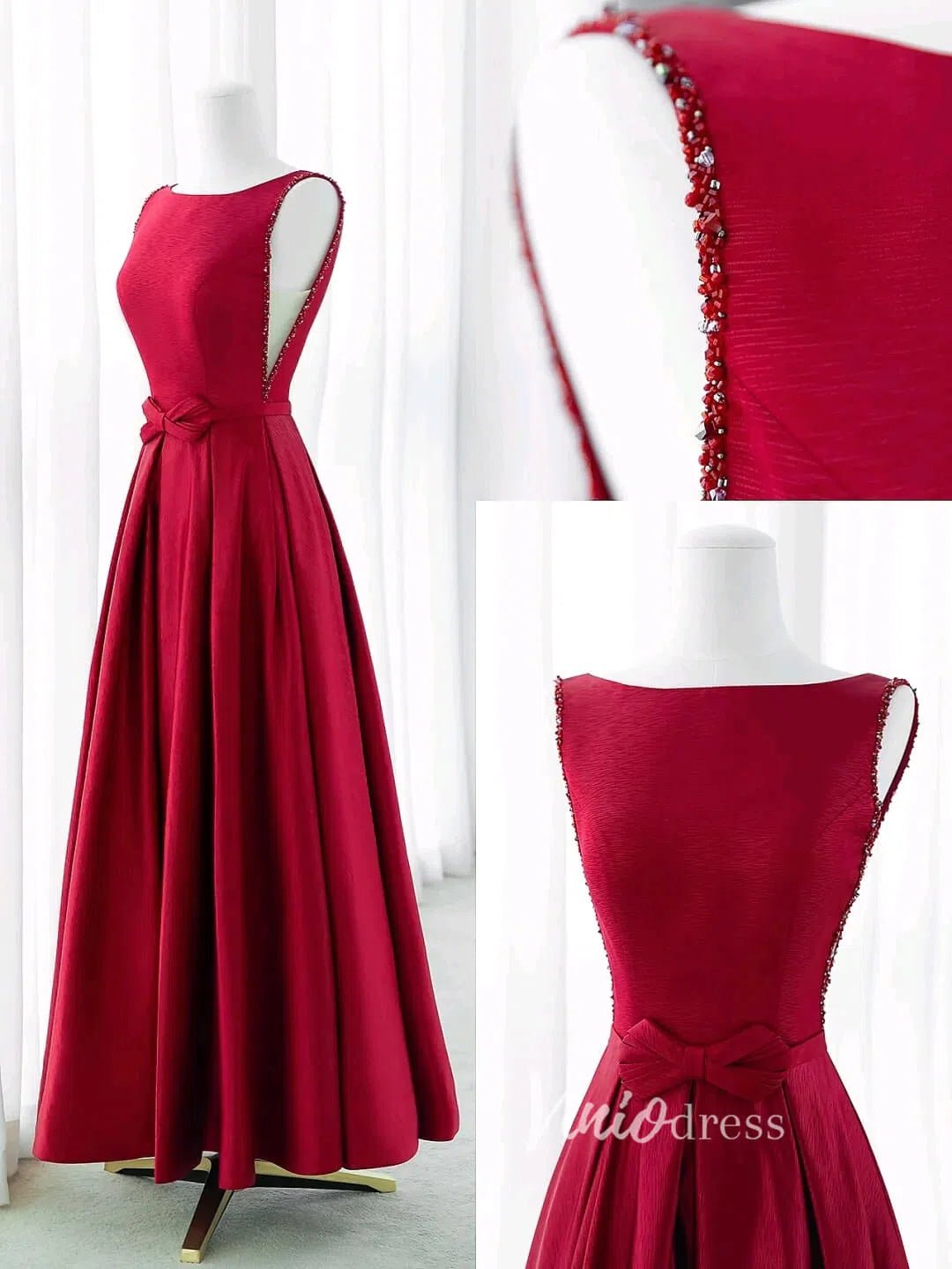 Burgundy Satin Prom Dresses Tea-Length Boat Neck Formal Dress FD3437-prom dresses 2025 -Viniodress-Burgundy-Custom Size-