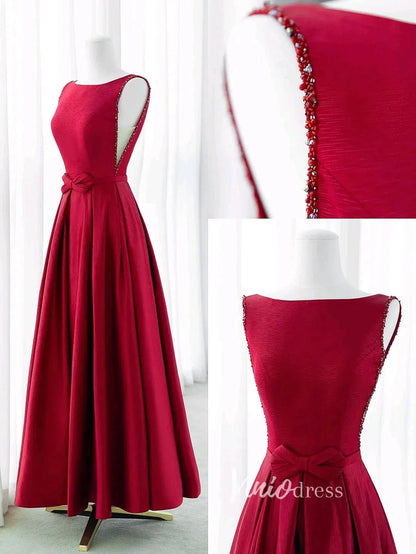 Burgundy Satin Prom Dresses Tea-Length Boat Neck Formal Dress FD3437-prom dresses 2025 -Viniodress-Burgundy-Custom Size-