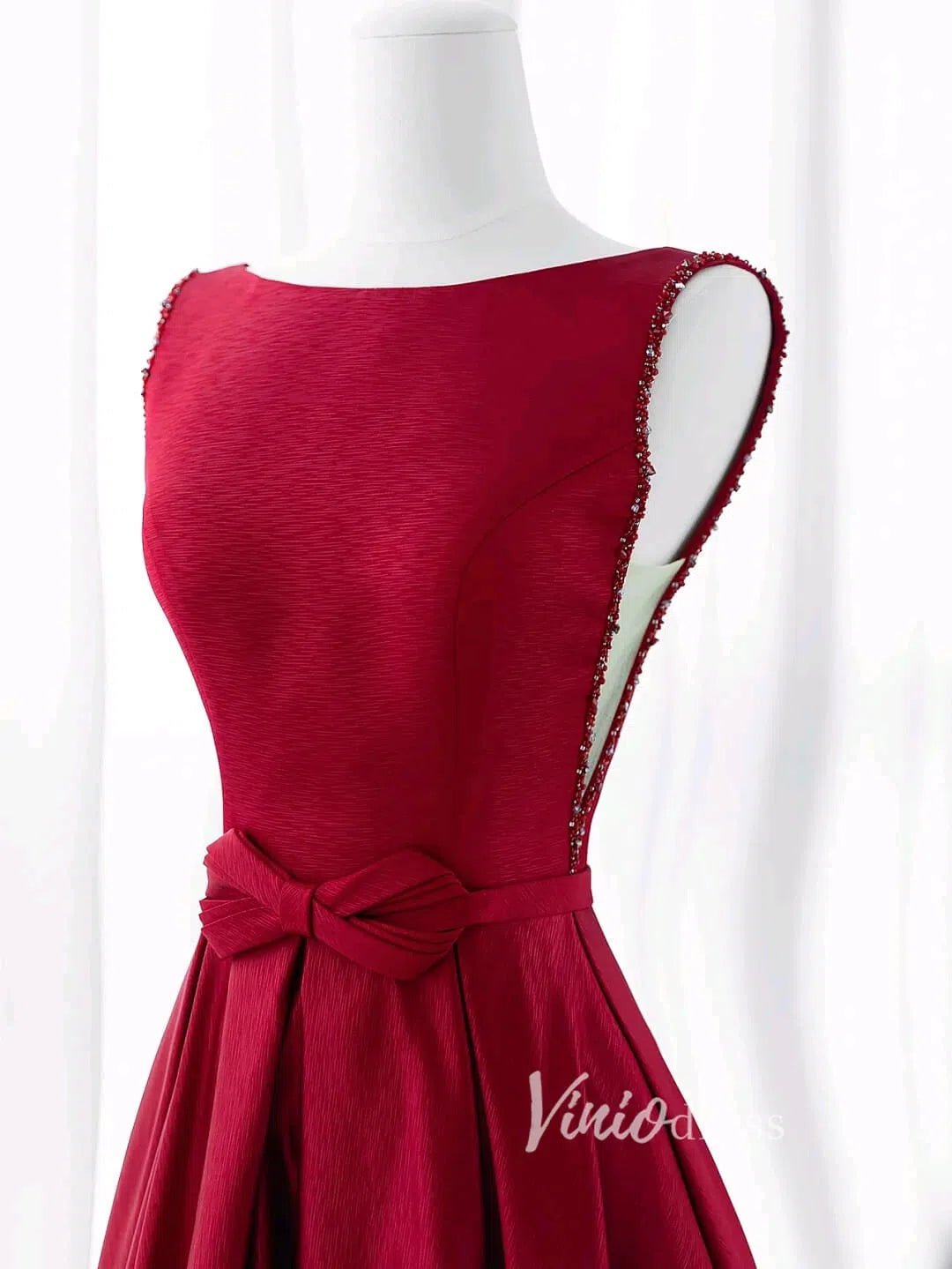 Burgundy Satin Prom Dresses Tea-Length Boat Neck Formal Dress FD3437-prom dresses 2025 -Viniodress-Burgundy-Custom Size-