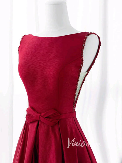 Burgundy Satin Prom Dresses Tea-Length Boat Neck Formal Dress FD3437-prom dresses 2025 -Viniodress-Burgundy-Custom Size-