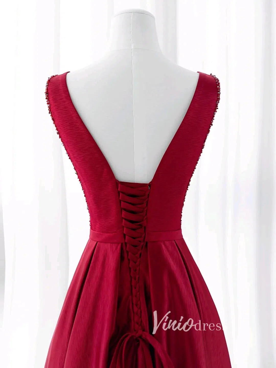 Burgundy Satin Prom Dresses Tea-Length Boat Neck Formal Dress FD3437-prom dresses 2025 -Viniodress-Burgundy-Custom Size-