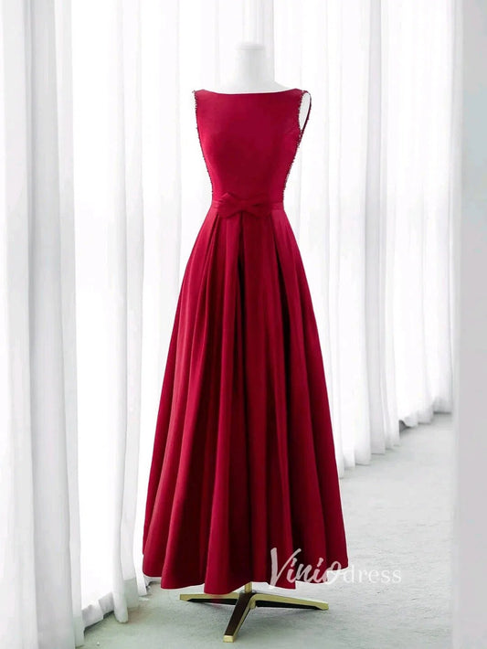 Burgundy Satin Prom Dresses Tea-Length Boat Neck Formal Dress FD3437-prom dresses 2025 -Viniodress-Burgundy-Custom Size-