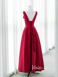 Burgundy Satin Prom Dresses Tea-Length Boat Neck Formal Dress FD3437-prom dresses-Viniodress-Viniodress