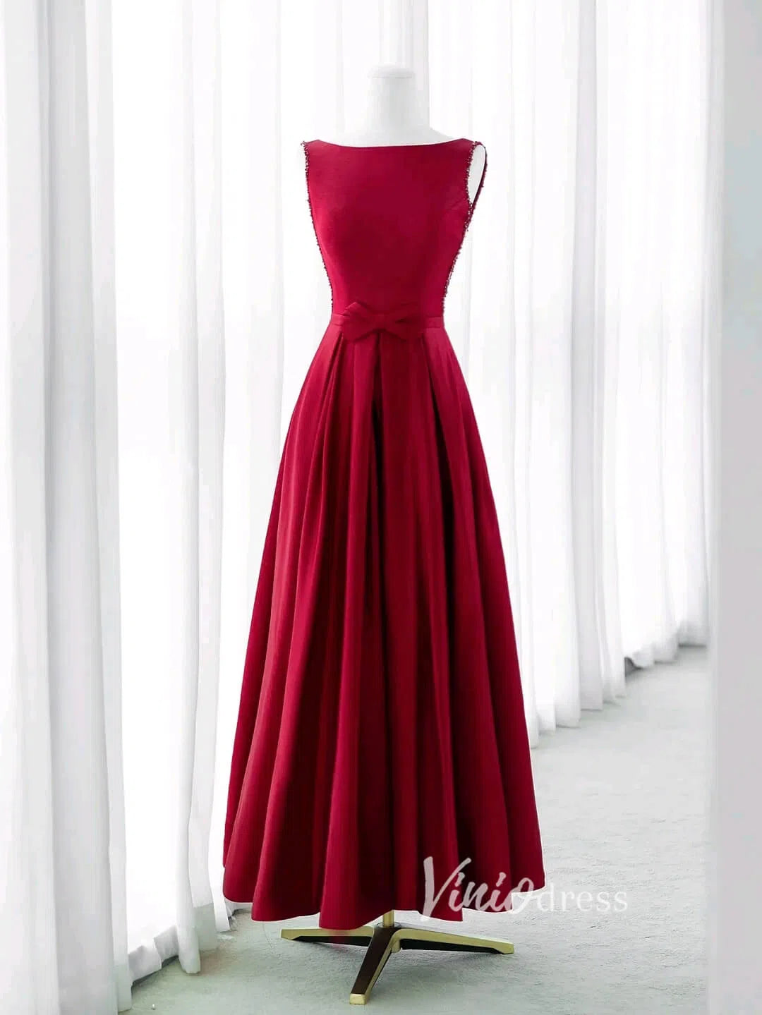 Burgundy Satin Prom Dresses Tea-Length Boat Neck Formal Dress FD3437-prom dresses-Viniodress-Burgundy-Custom Size-Viniodress