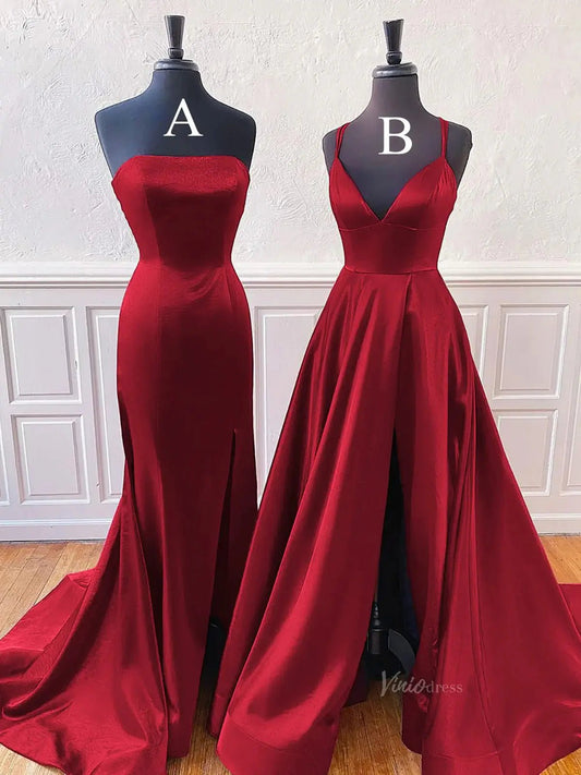 Burgundy Satin Prom Dresses with Slit & Spaghetti Straps - FD5145-prom dresses 2025 -Viniodress-A-line-Burgundy-Custom Size