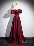 Burgundy Satin Puffed Sleeve Cheap Prom Dresses Off the Shoulder Formal Gown 90035-prom dresses-Viniodress-Viniodress