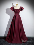 Burgundy Satin Puffed Sleeve Cheap Prom Dresses Off the Shoulder Formal Gown 90035