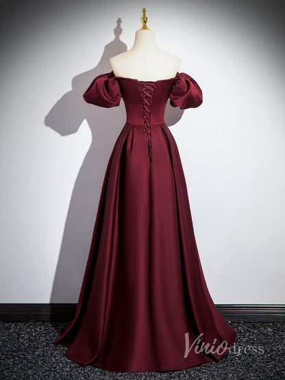 Burgundy Satin Puffed Sleeve Prom Dresses Off the Shoulder Formal Gown 90035-prom dresses 2025 -Viniodress-Burgundy-Custom Size-