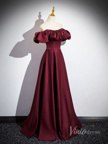Burgundy Satin Puffed Sleeve Prom Dresses Off the Shoulder Formal Gown 90035-prom dresses 2025 -Viniodress-Burgundy-Custom Size-