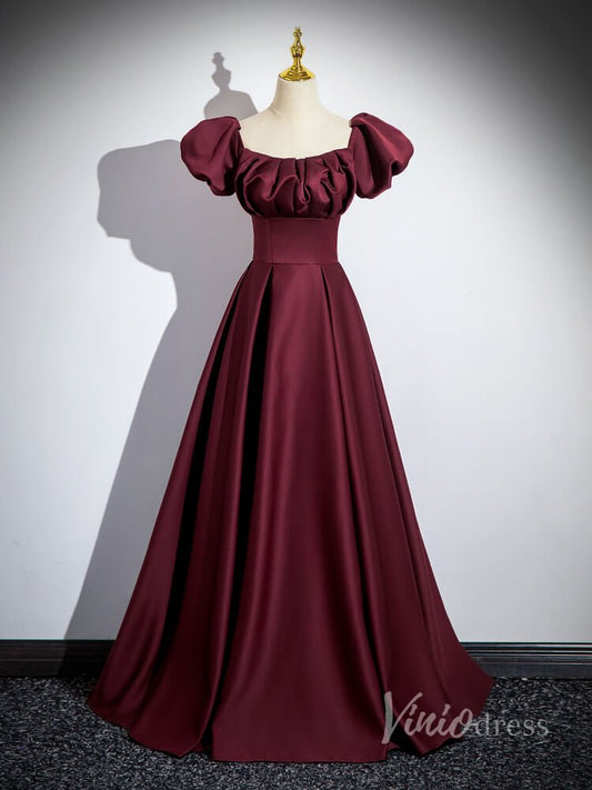 Burgundy Satin Puffed Sleeve Prom Dresses Off the Shoulder Formal Gown 90035 - Viniodressprom dressesBurgundyCustom Size - Formal Dresses - Ball Gowns