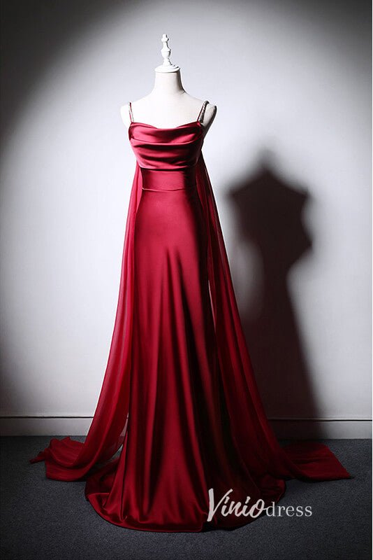 Burgundy Satin Sheath Prom Dresses with Spaghetti Strap AD1019-prom dresses 2025 -Viniodress-Burgundy-Custom Size-