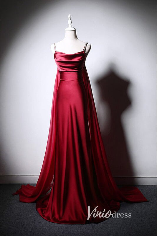 Burgundy Satin Sheath Prom Dresses with Spaghetti Strap AD1019-prom dresses 2025 -Viniodress-Burgundy-Custom Size-