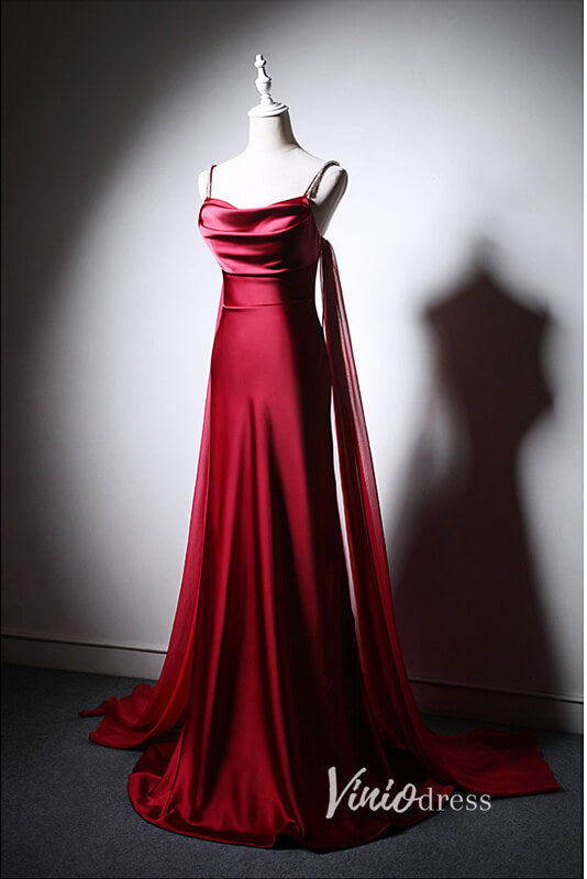 Burgundy Satin Sheath Prom Dresses with Spaghetti Strap AD1019-prom dresses-Viniodress-Viniodress