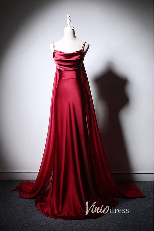 Burgundy Satin Sheath Prom Dresses with Spaghetti Strap AD1019 - Viniodressprom dressesBurgundyCustom Size - Formal Dresses - Ball Gowns