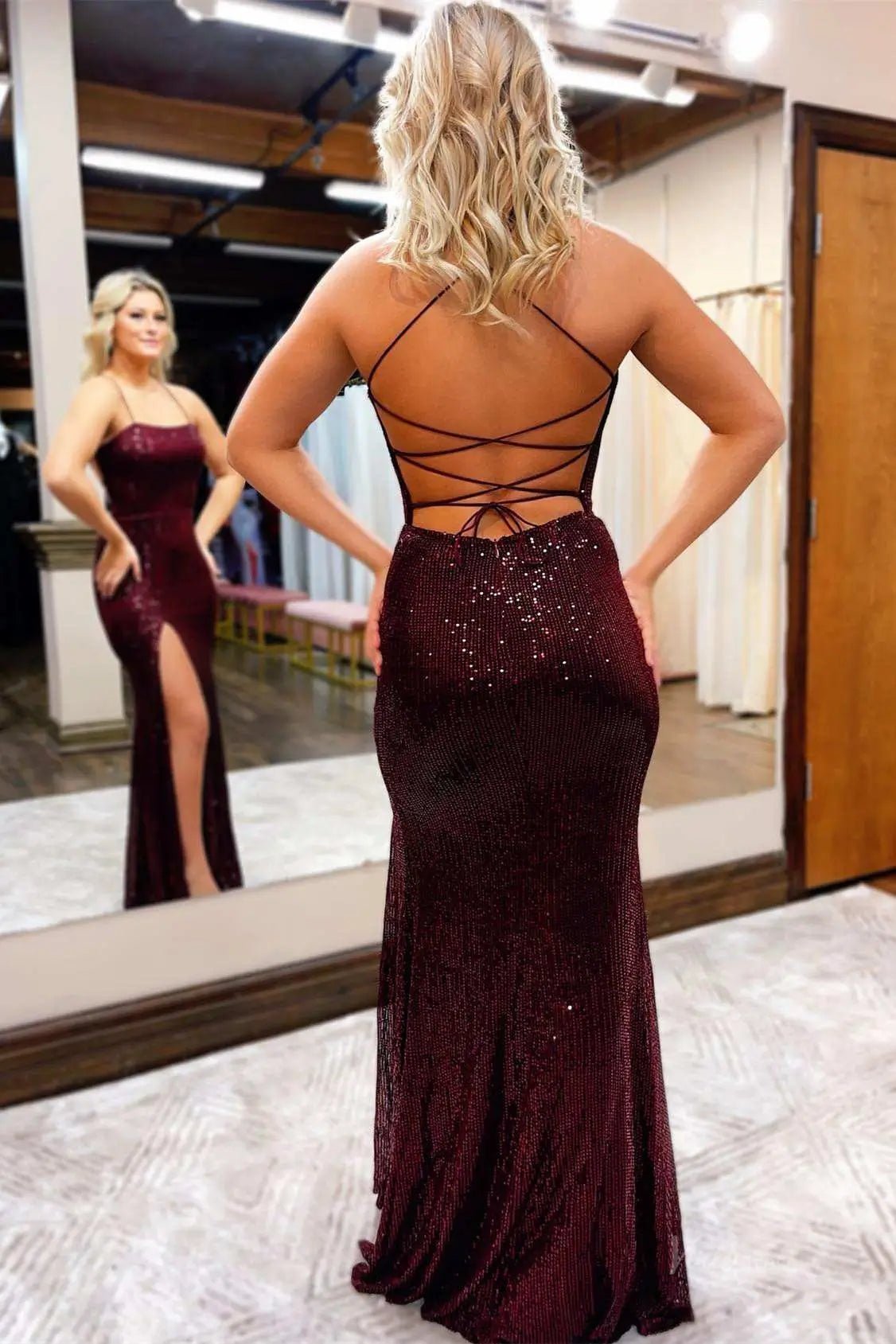 Burgundy Sequin Mermaid Prom Dress 2025 with Spaghetti Strap & Slit – FD5013-prom dresses 2025 -Viniodress-Burgundy-Custom Size-
