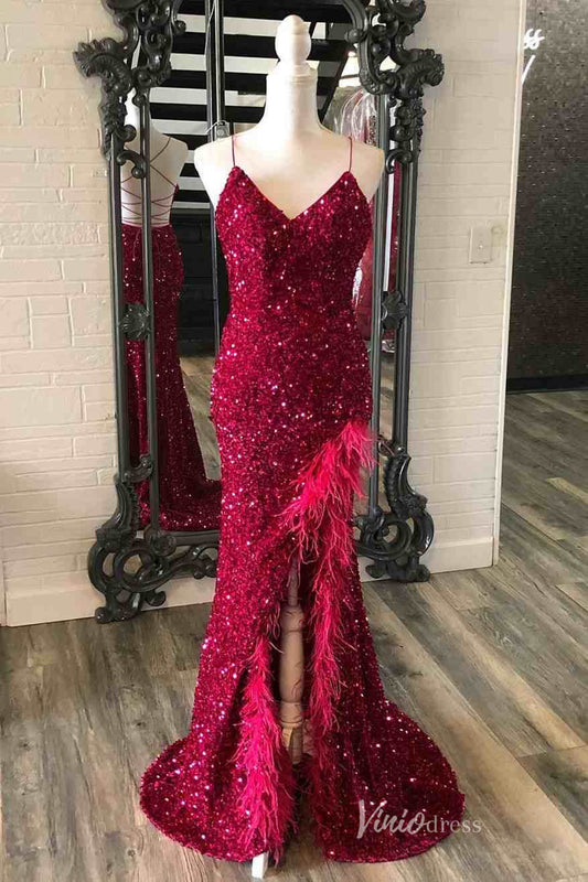 Burgundy Sequin Mermaid Prom Dresses with Feather Slit Lace-Up Back Spaghetti Strap FD4102-prom dresses 2025 -Viniodress-Burgundy-Custom Size-