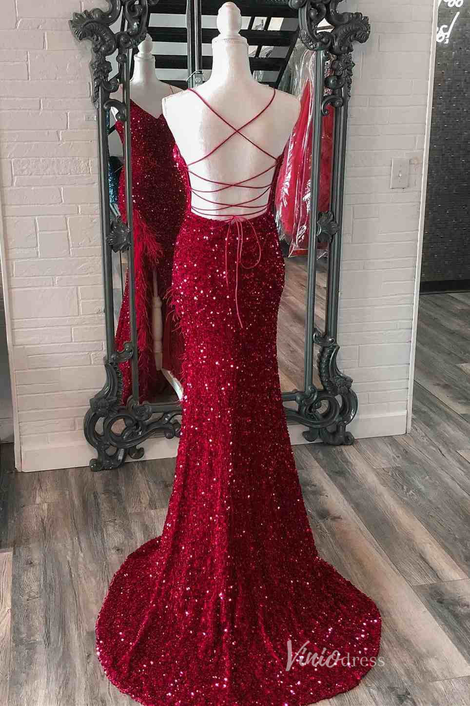 Burgundy Sequin Mermaid Prom Dresses with Feather Slit Lace - Up Back Spaghetti Strap FD4102 - Viniodressprom dressesBurgundyCustom Size - Formal Dresses - Ball Gowns