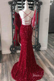 Burgundy Sequin Mermaid Prom Dresses with Feather Slit Lace-Up Back Spaghetti Strap FD4102-prom dresses-Viniodress-Viniodress