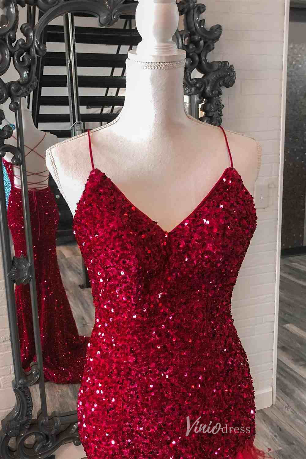 Burgundy Sequin Mermaid Prom Dresses with Feather Slit Lace - Up Back Spaghetti Strap FD4102 - Viniodressprom dressesBurgundyCustom Size - Formal Dresses - Ball Gowns