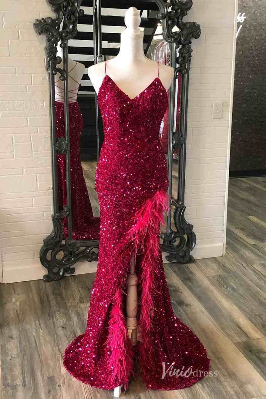 Burgundy Sequin Mermaid Prom Dresses with Feather Slit Lace-Up Back Spaghetti Strap FD4102-prom dresses-Viniodress-Burgundy-Custom Size-Viniodress