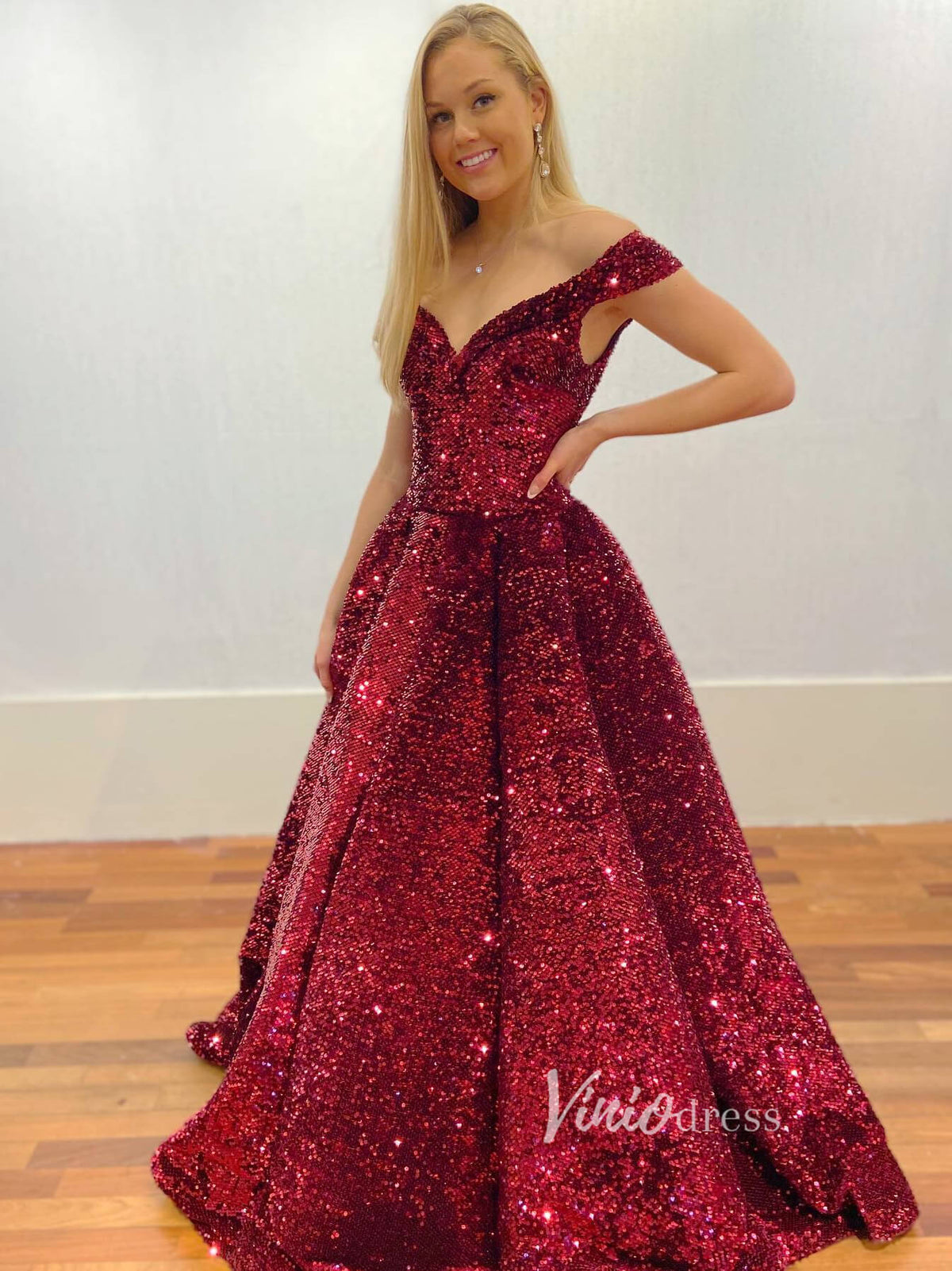 Prom Dress 2025 Burgundy Sequin Off the Shoulder Prom Dresses FD2739-unique prom dresses-Burgundy-Custom Size-Viniodress