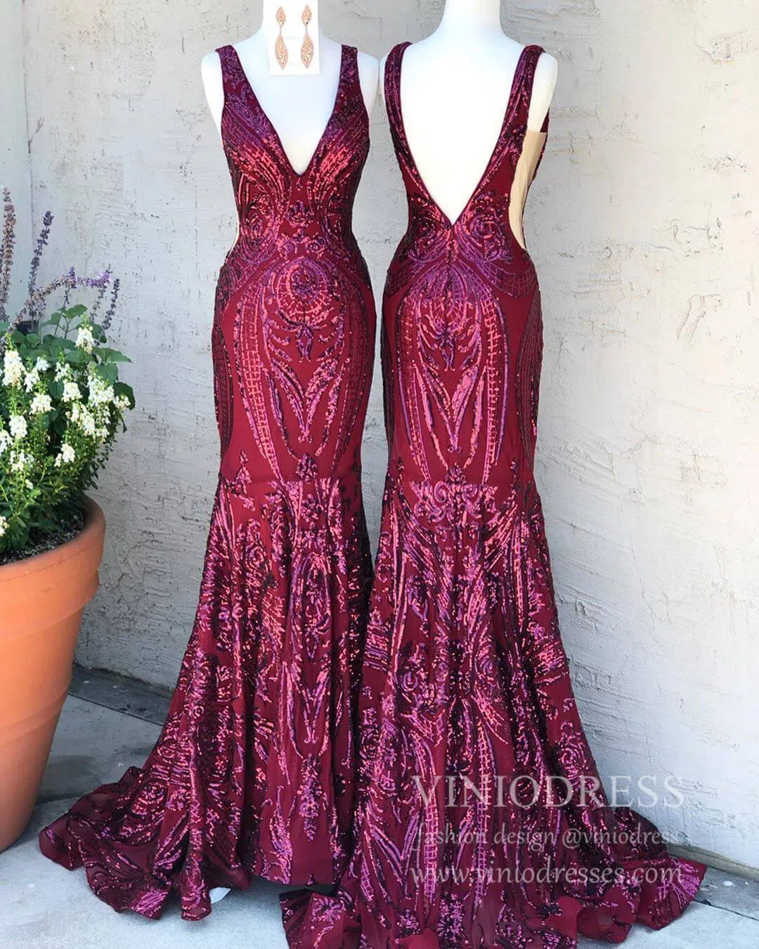 Burgundy Sequin Prom Dresses Mermaid Vintage Formal Dress FD1545 Viniodress Burgundy Sequin Prom Dresses Mermaid Vintage Formal Dress FD1545 Viniodress