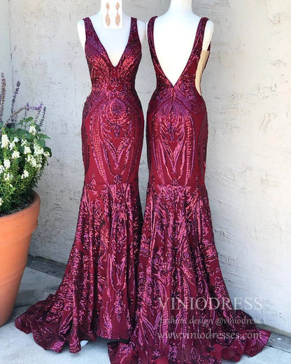 Burgundy Sequin Prom Dresses Mermaid Vintage Formal Dress FD1545-prom dresses 2025 -Viniodress-Burgundy-Custom Size-