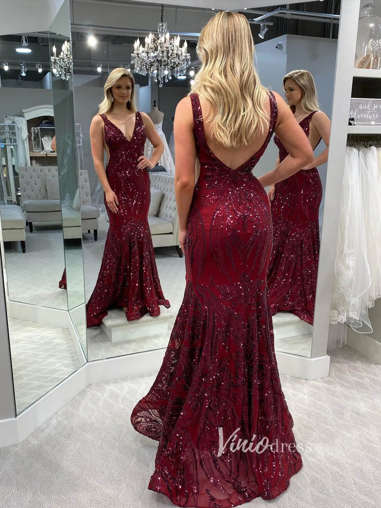Burgundy Sequin Prom Dresses Mermaid Vintage Formal Dress FD1545-prom dresses 2025 -Viniodress-Navy Blue-Custom Size-