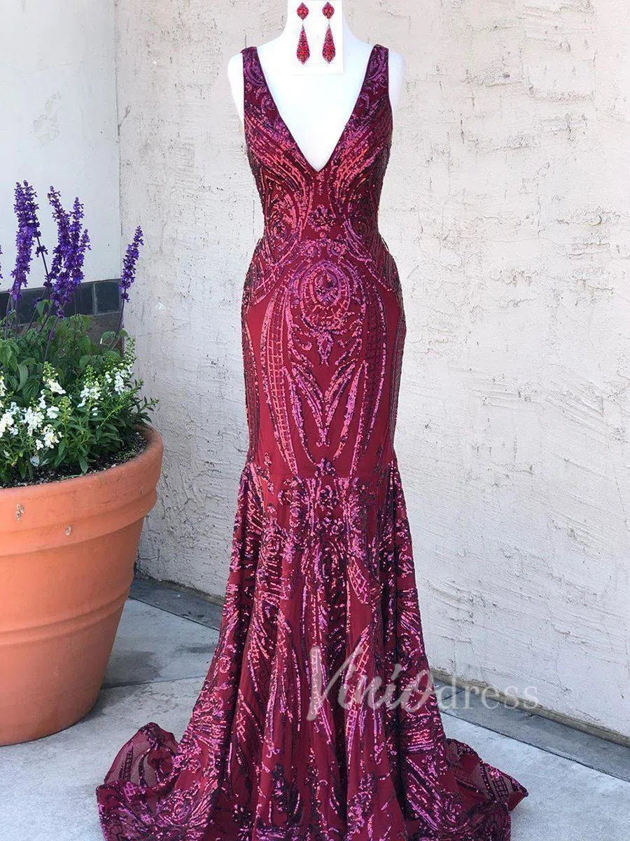 Burgundy Sequin Prom Dresses Mermaid Vintage Formal Dress FD1545 Viniodress Burgundy Sequin Prom Dresses Mermaid Vintage Formal Dress FD1545 Viniodress