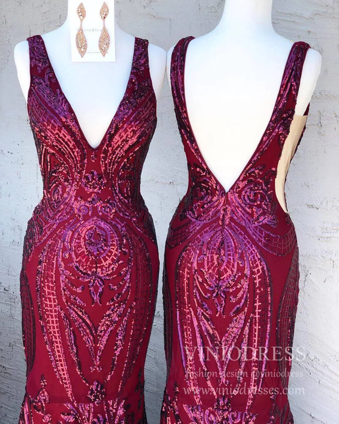 Burgundy Sequin Prom Dresses Mermaid Vintage Formal Dress FD1545-prom dresses 2025 -Viniodress-Navy Blue-Custom Size-