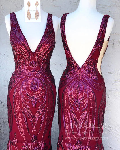 Burgundy Sequin Prom Dresses Mermaid Vintage Formal Dress FD1545-prom dresses 2025 -Viniodress-Navy Blue-Custom Size-