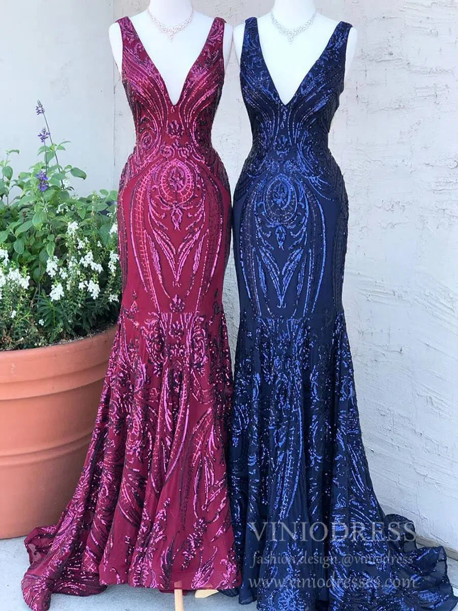 Burgundy Sequin Prom Dresses Mermaid Vintage Formal Dress FD1545-prom dresses 2025 -Viniodress-Navy Blue-Custom Size-