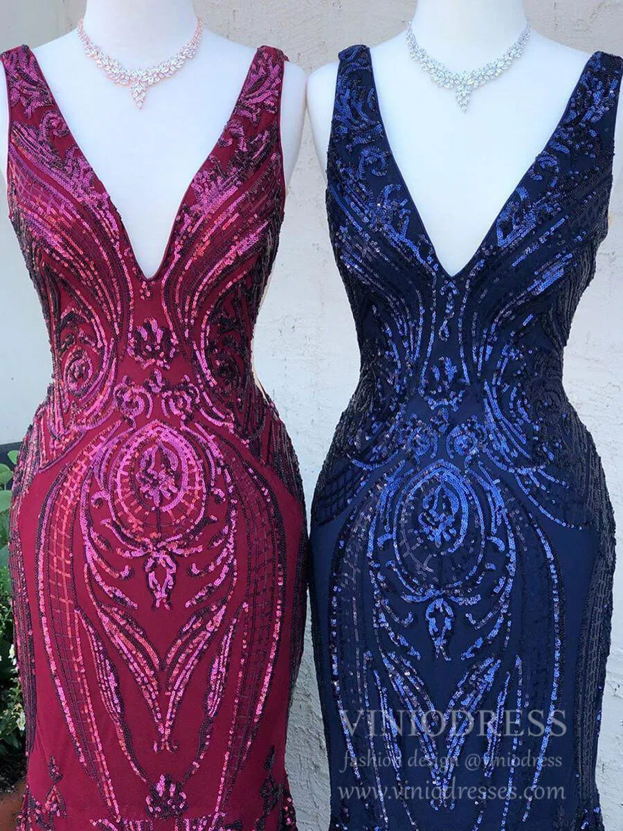 Burgundy Sequin Prom Dresses Mermaid Vintage Formal Dress FD1545-prom dresses-Viniodress-Viniodress