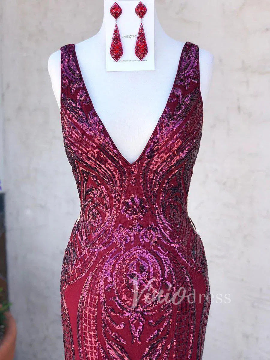 Burgundy Sequin Prom Dresses Mermaid Vintage Formal Dress FD1545-prom dresses-Viniodress-Viniodress