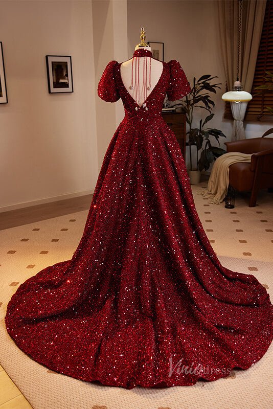 Burgundy Sequin Prom Dresses Puffed Sleeve High Neck Quinceanera Dress 90052-prom dresses 2025 -Viniodress-Burgundy-Custom Size-