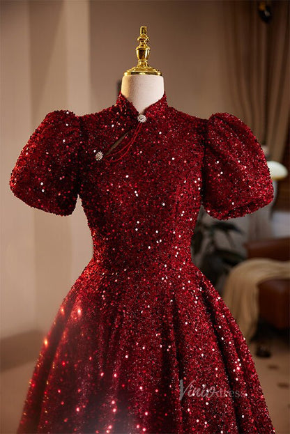 Burgundy Sequin Prom Dresses Puffed Sleeve High Neck Quinceanera Dress 90052-prom dresses 2025 -Viniodress-Burgundy-Custom Size-