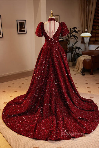 Burgundy Sequin Prom Dresses Puffed Sleeve High Neck Quinceanera Dress 90052-prom dresses 2025 -Viniodress-Burgundy-Custom Size-