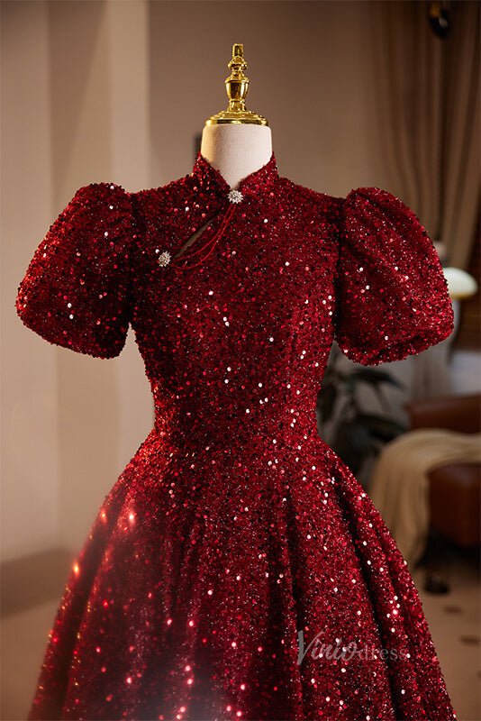 Burgundy Sequin Prom Dresses Puffed Sleeve High Neck Quinceanera Dress 90052-prom dresses 2025 -Viniodress-Burgundy-Custom Size-