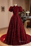 Burgundy Sequin Prom Dresses Puffed Sleeve High Neck Quinceanera Dress 90052